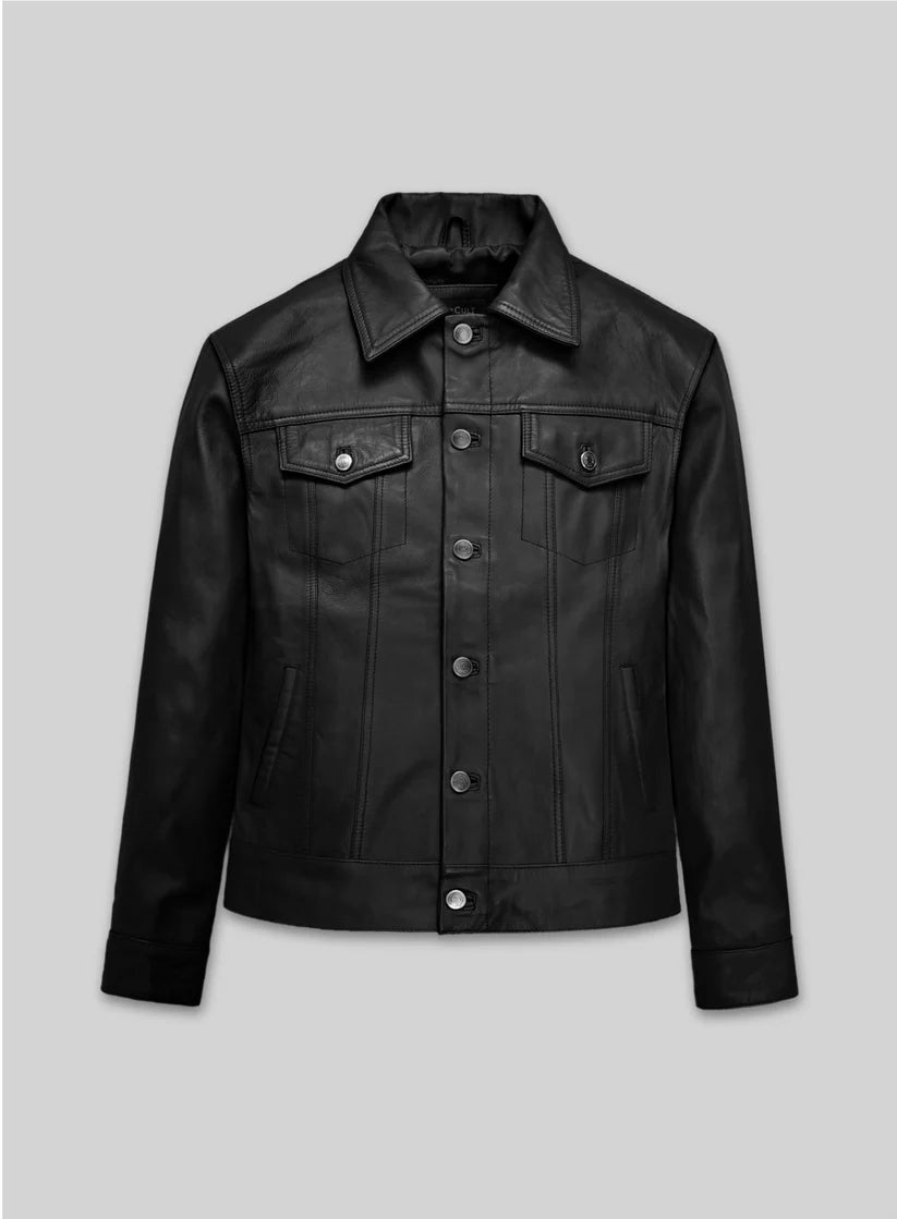 Black Cow Leather Trucker Jacket for Men